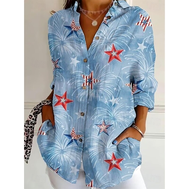 Women's Patriotic Shirt Graphic Flag Vintage Tropical Stylish Regular Tops Work Daily s Print Black White Red Light Blue Fall4
