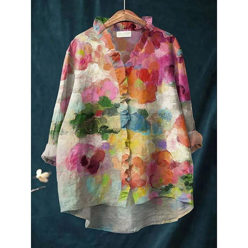 Women's Shirt Button Down Blouse Floral Stylish Casual Long Sleeve V Neck Regular Tops Daily Buttons Print Pink Red Blue Fuchsia Green Summer Spring