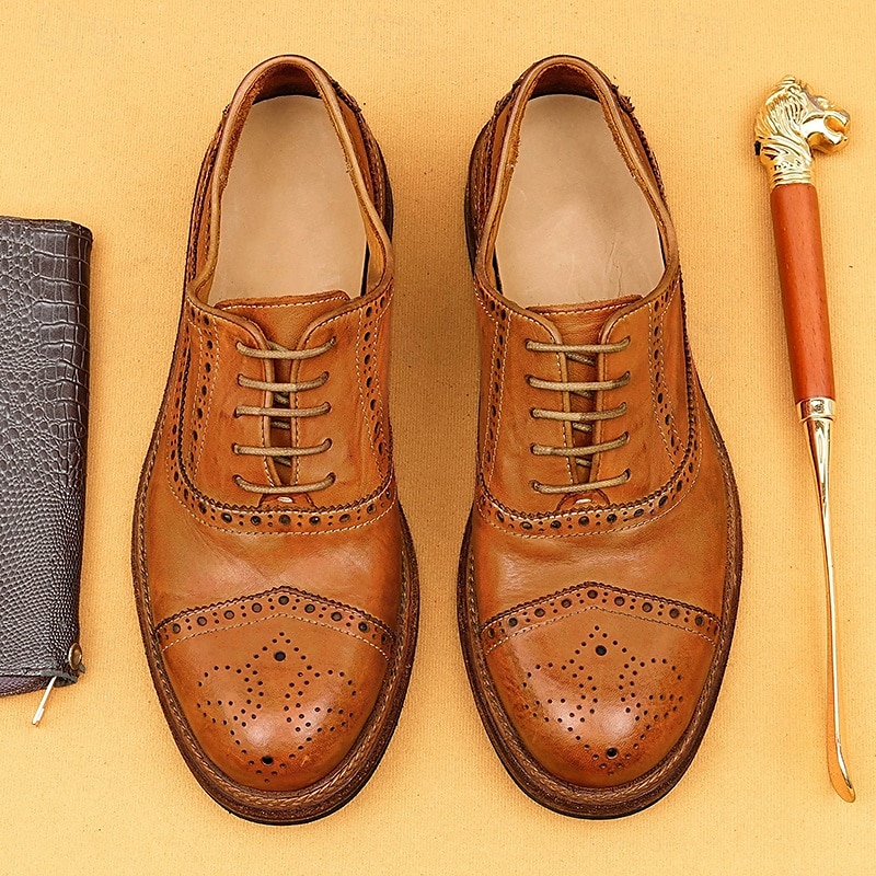 Men's Tan Leather Oxford Shoes with Goodyear Welt and Classic Design - Timeless Business Footwear for Formal and Professional Occasions2