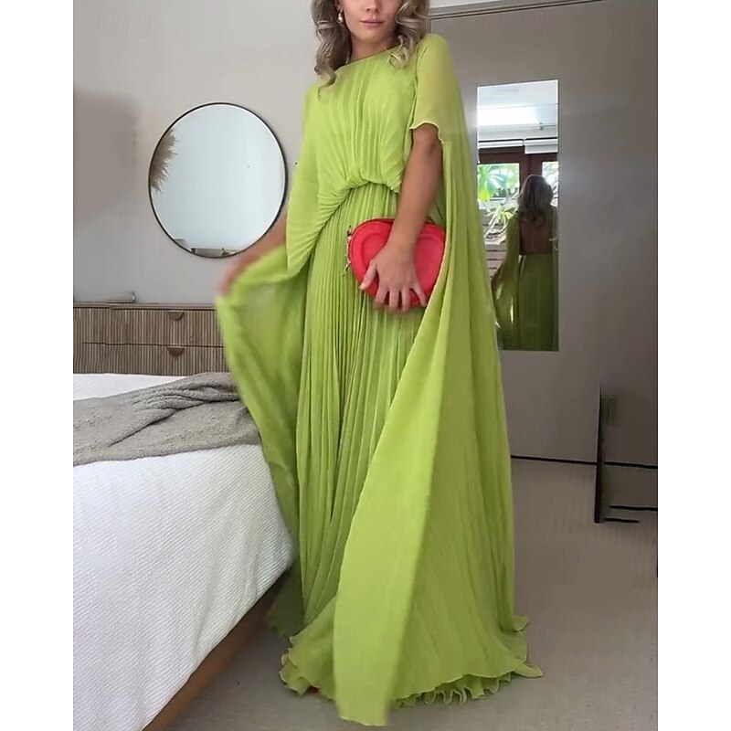 Women's Long Dress Maxi Dress Cocktail Dress Wedding Guest Dress Chiffon Dress Ruched Dress Fashion Outdoor Date Tea Party Regular Fit Plain Short Sleeve Crew Neck Green Summer4