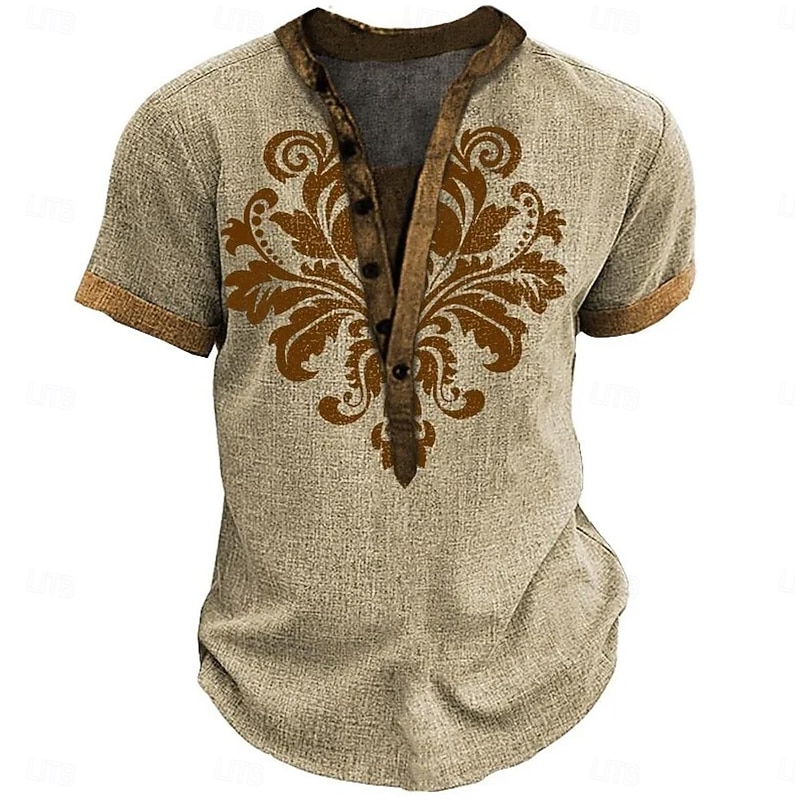 Men's Retro Ethnic T Shirt Henley Shirt Tee Short Sleeve Designer Basic Ethnic Outdoor Casual Daily Summer Khaki Henley Henley T-Shirt - Main Image