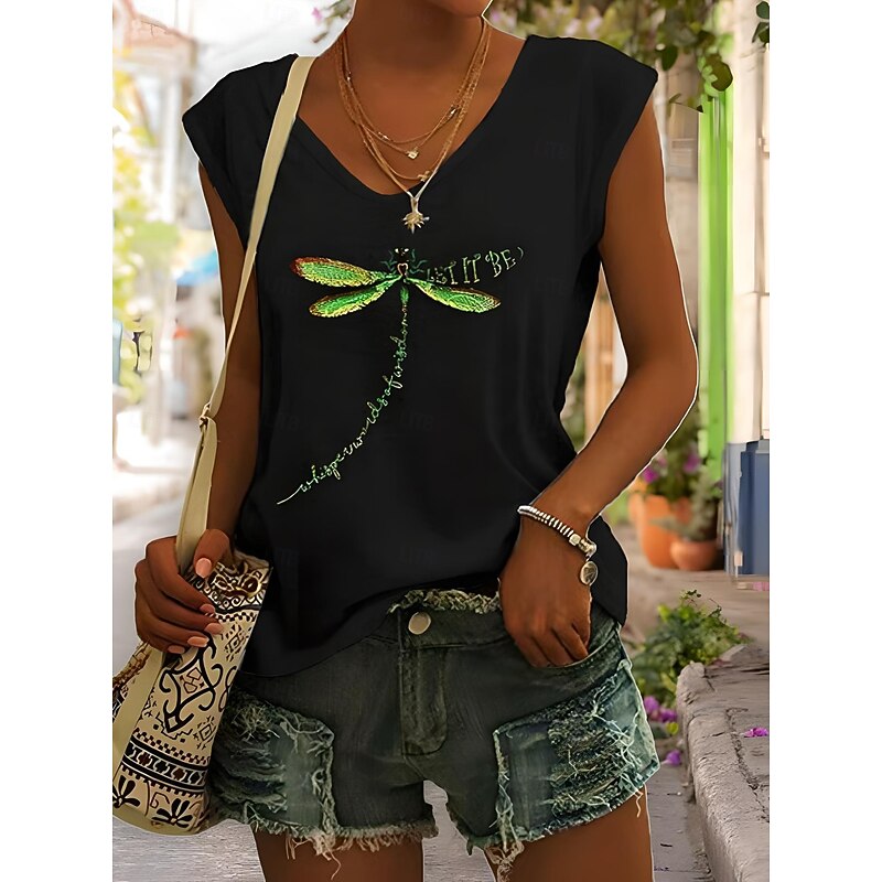 Women's T Shirt Graphic Animal Stylish Casual Sleeveless V Neck Regular Tops Daily Going out Weekend Print Black White Blue Green Gray Summer Spring