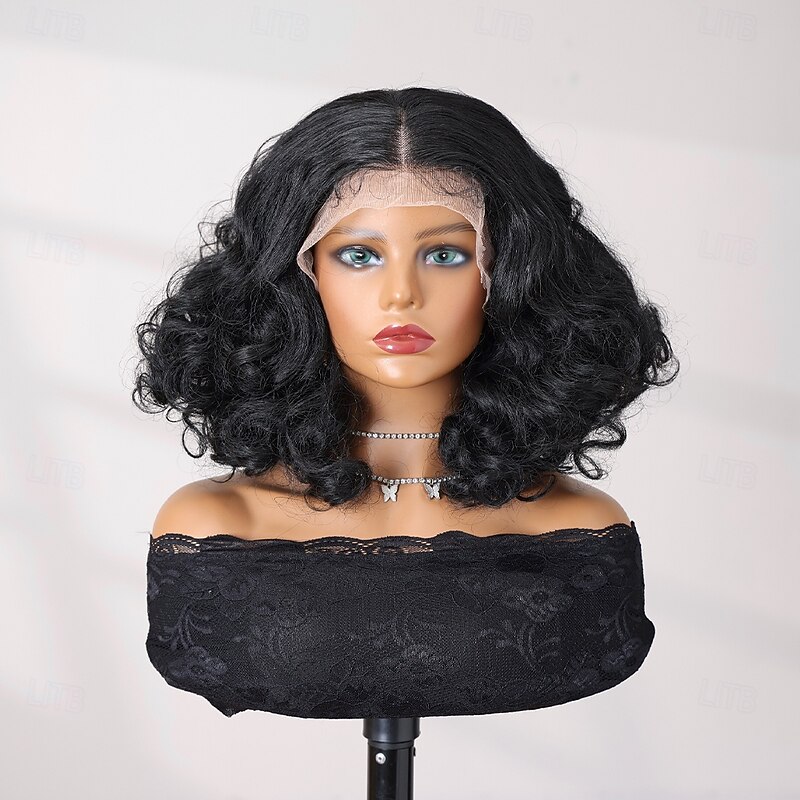 Synthetic Lace Wig Bouncy Curl Style 12 inch Black Middle Part 13x4 Lace Front Wig Women's Wig Black4