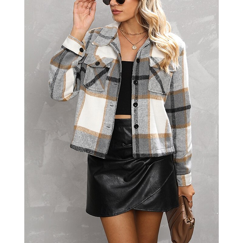 Women's Shirt Jacket Casual Jacket Comfortable Pocket Buttons Fashion Outdoor Plaid Going out Weekend Zipper Regular Lapel Regular Fit Long Sleeve Outerwear Green Gray Fall Winter4