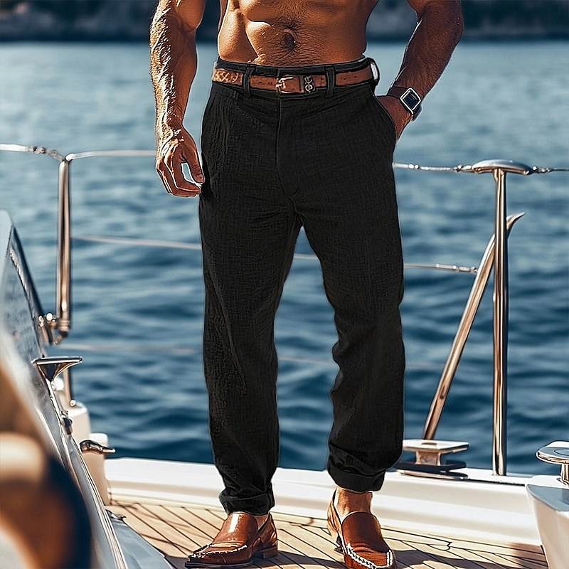 Men's Linen Pants Trousers Summer Pants Baggy Pants Straight Leg Plain Comfort Breathable Full Length Casual Daily Holiday Vacation Fashion Black White3