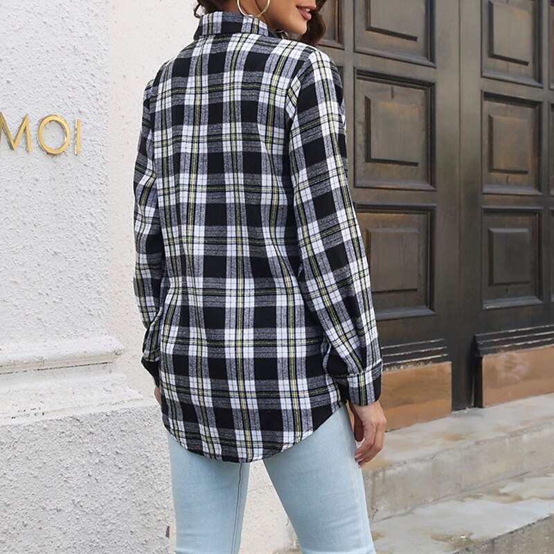 Women's Shirt Plaid Daily Stylish Basic Long Sleeve Shirt Collar Regular Tops Work Daily Holiday Buttons Black Yellow Red Spring Fall4