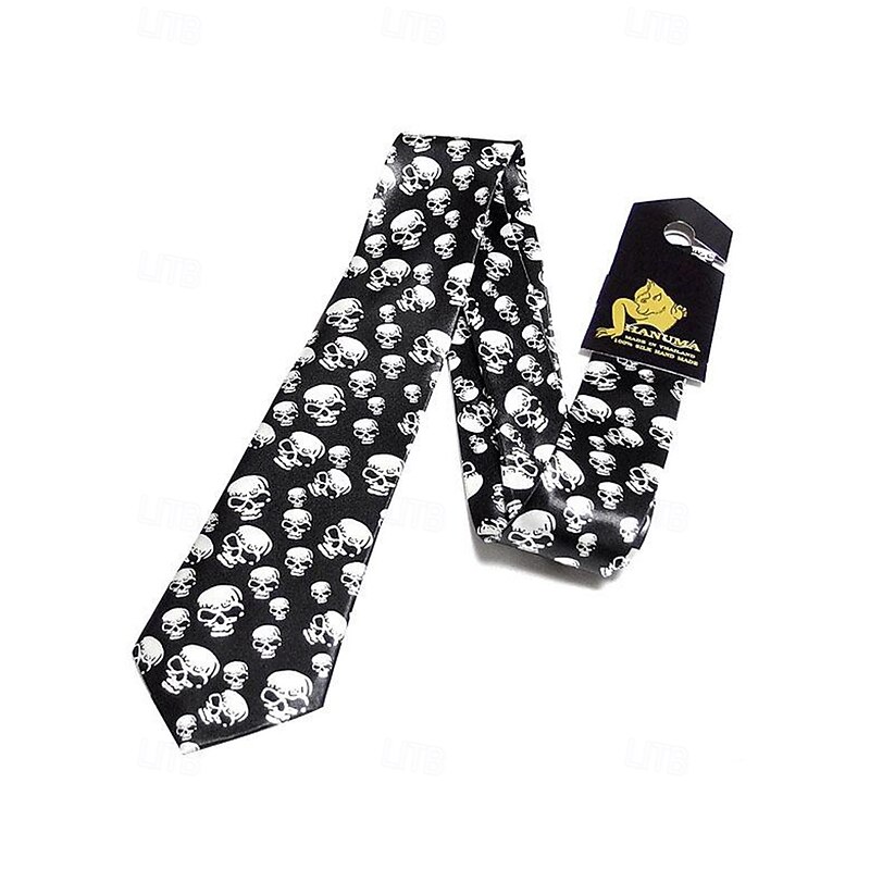 Men's Gothic Skull Print Black Satin Necktie – Retro Halloween Party Accessory for Punk & Vintage-Inspired Outfits3