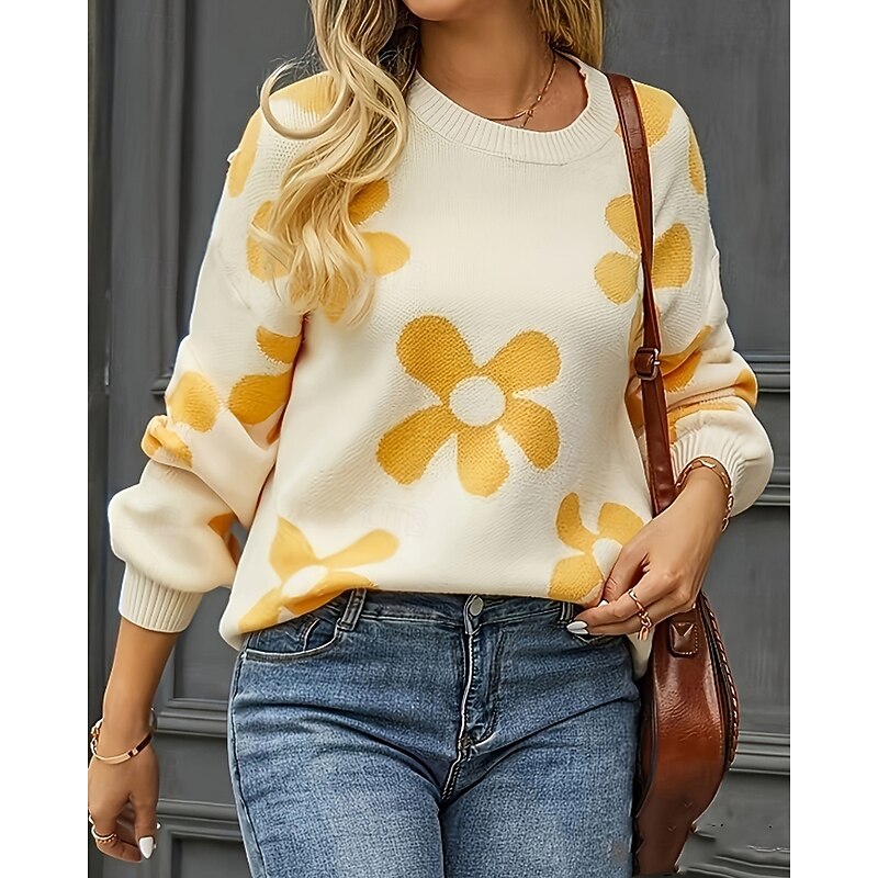 Women's Sweater Casual Soft Floral Ribbed Crew Neck Knitted Print Long Sleeve Regular Tops Knit Outdoor Daily Holiday Pink Fuchsia Fall Winter3