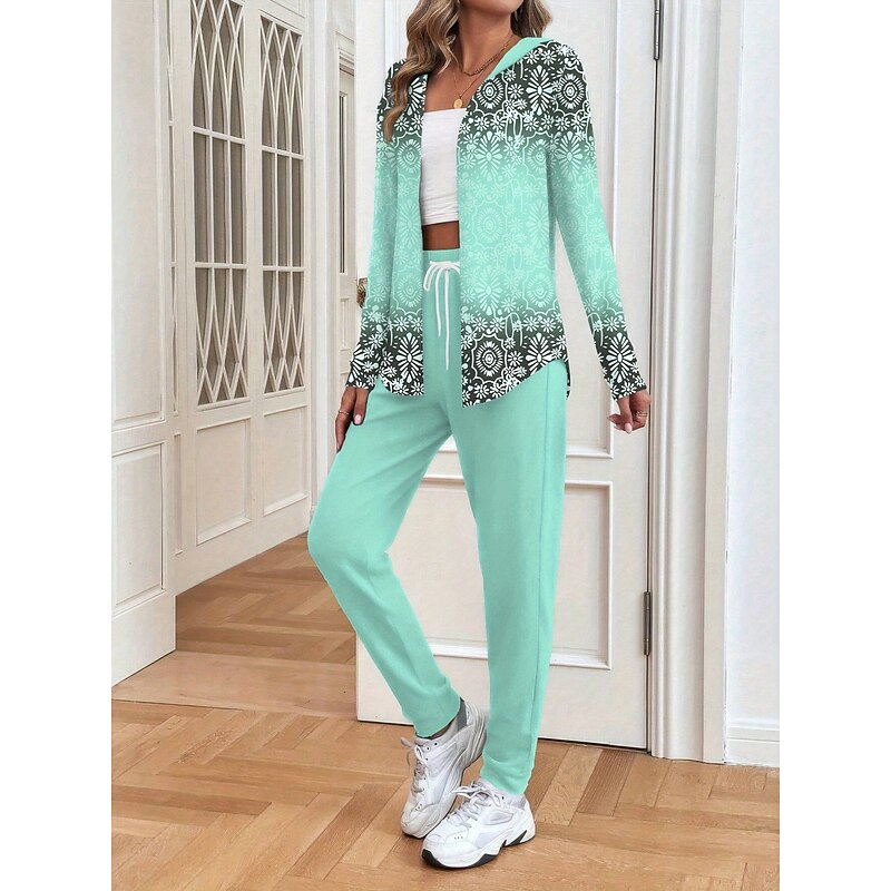 Women's 2 Pieces Hoodie Tracksuits Pants Sets Long Sleeve Active Daily Hooded Floral Graphic Gradient Drawstring Print Outdoor Casual Blue Orange Green Spring Regular Fit3
