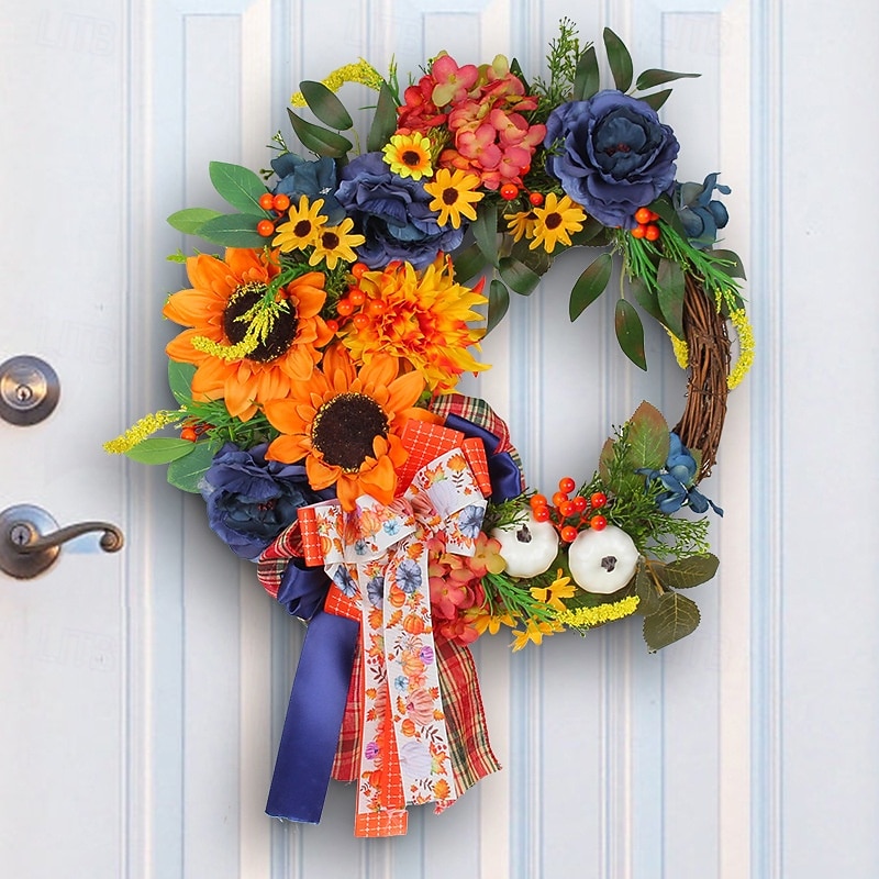 Fall Wreath for Front Door Thanksgiving Autumn Harvest Indoor Outdoor Decoration, Blue Sunflower Artificial Grapevine Wreath Wall Hanging Holiday Decor Prop