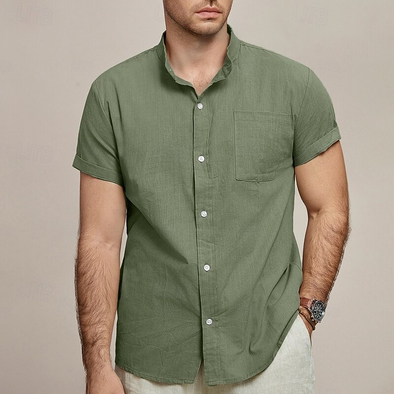 Men's Linen Shirt Summer Shirt Beach Wear Casual Shirt Band Collar Shirt Plain Vacation Casual White+Yellow Pink+Yellow White+Green Gray+Pink Short Sleeve Mandarin Collar Summer Spring & Summer4