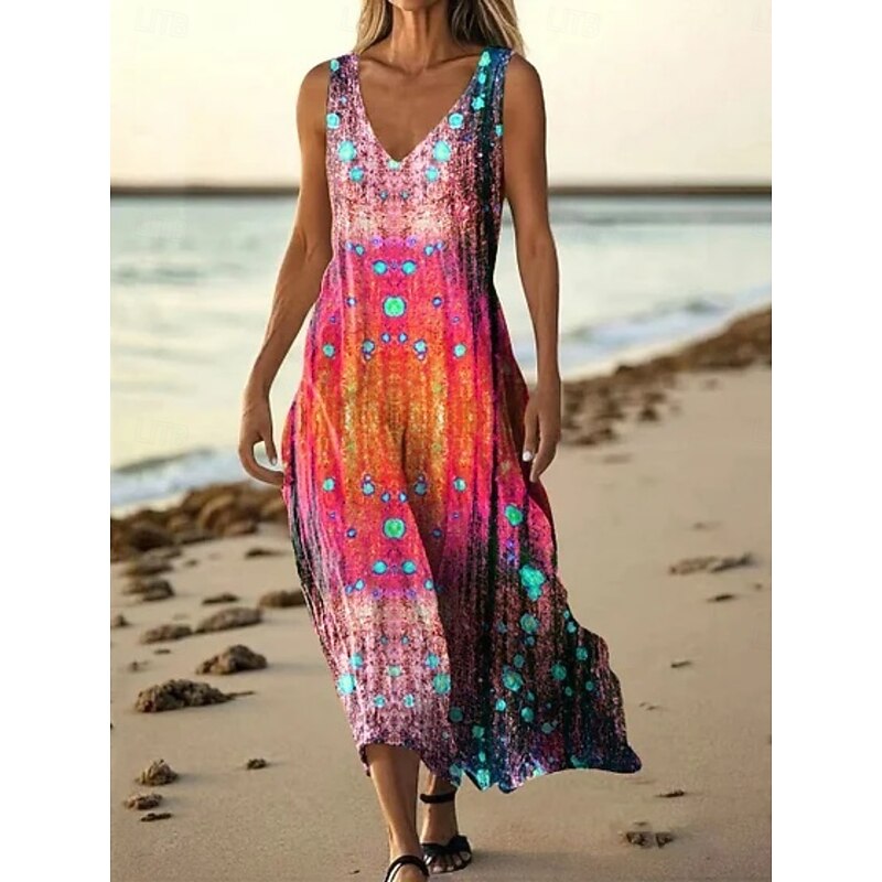 Women's Long Dress Maxi Dress Casual Dress Tank Dress Summer Dress African Daily Holiday Beach Regular Fit Floral Color Block Sleeveless V Neck Yellow Red Royal Blue Blue Summer4