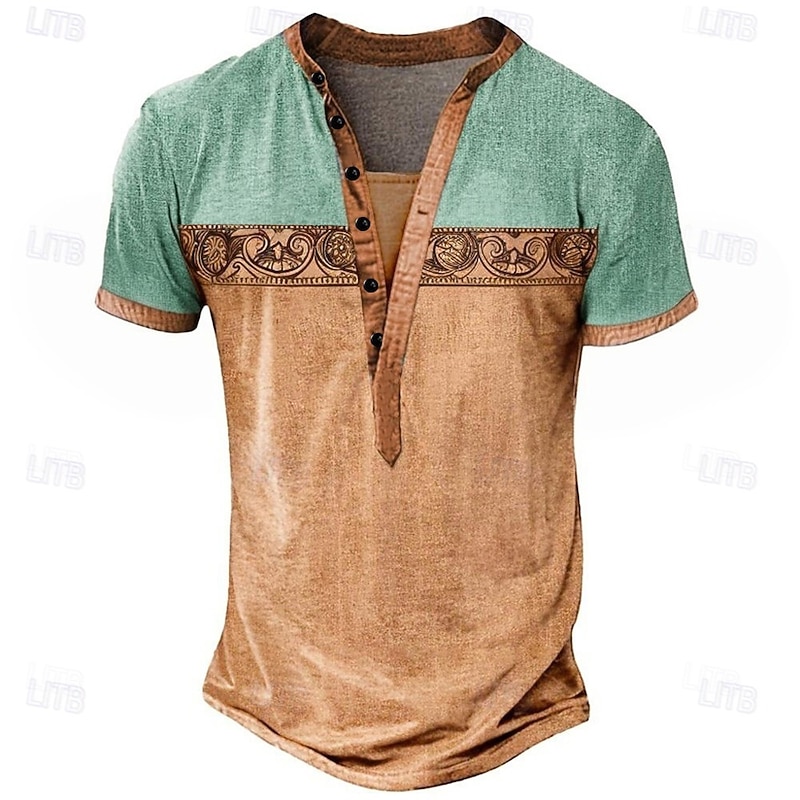 Men's Geometric Ethnic T Shirt Henley Shirt Tee Short Sleeve Designer Basic Ethnic Outdoor Casual Daily Summer Light Green Navy Blue Brown Grey Henley Henley T-Shirt