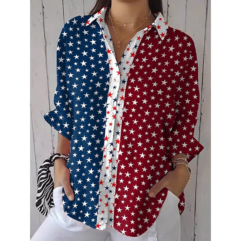 American Independence Day Women's Shirt Button Down Tunic Shirt Collar Long Sleeve Graphic Flag Daily Stylish Casual Regular Tops Daily Holiday s Print Wine Red Blue Spring3