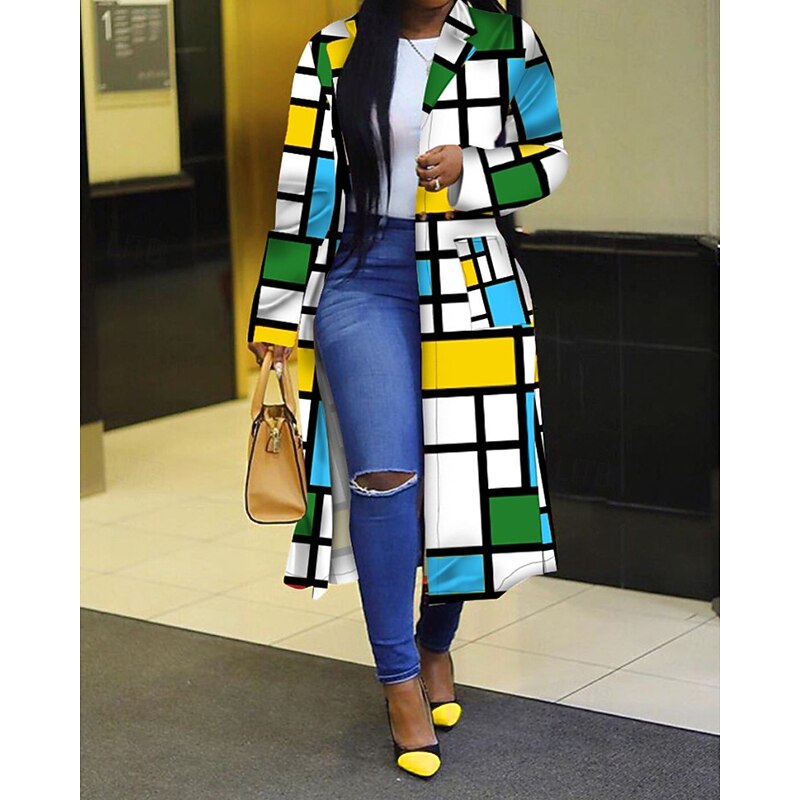 Women's Parka Comfortable Pocket Fashion Modern Geometric Outdoor Daily Open Front Long Turndown Regular Fit Long Sleeve Outerwear White Yellow Green Fall Winter3