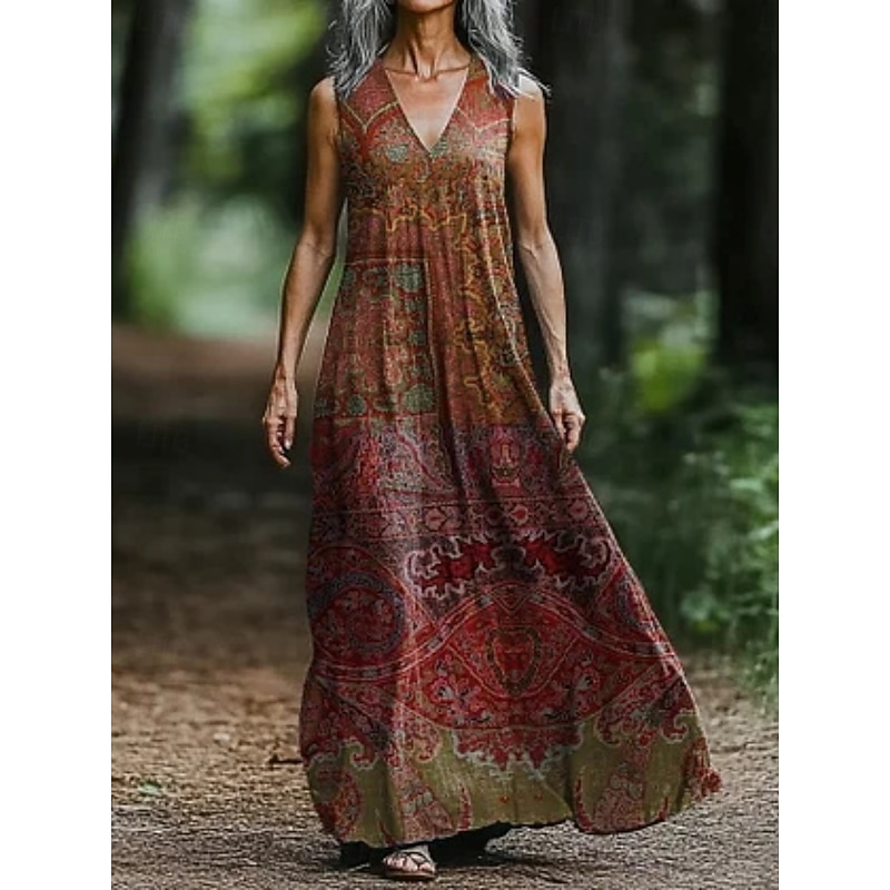 Women's Long Dress Maxi Dress Casual Dress Tank Dress Summer Dress African Daily Holiday Beach Regular Fit Geometric Paisley Color Block Sleeveless V Neck Wine Summer