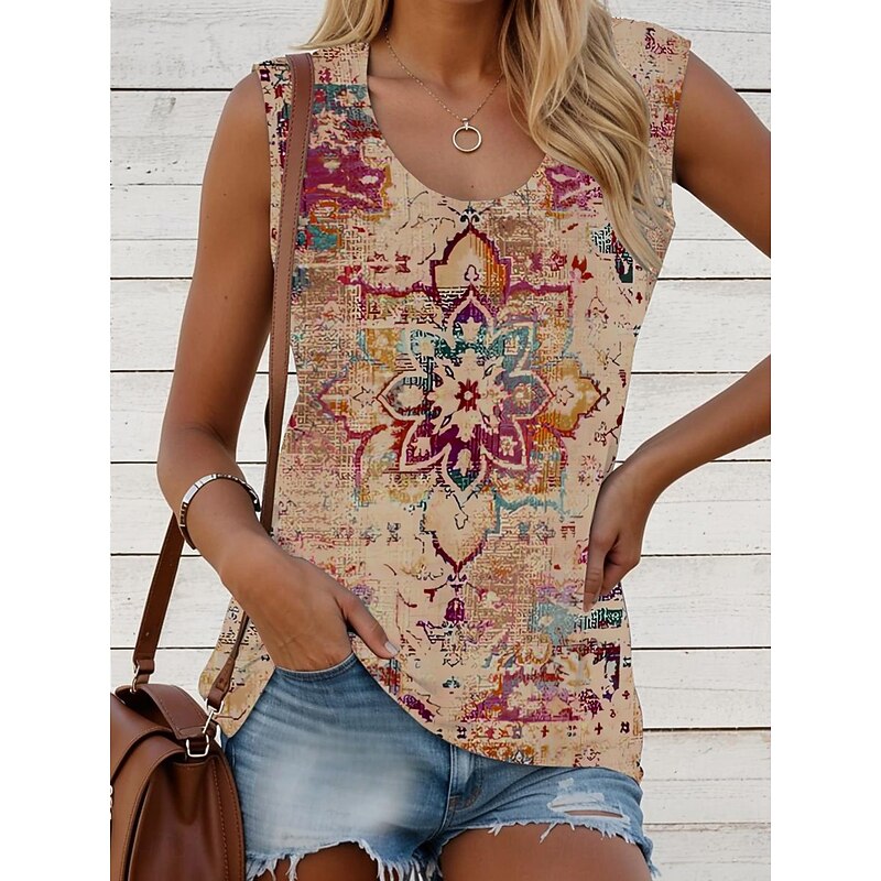 Women's Camisole Tank Top Graphic Geometric Bohemia Vintage Daily Sleeveless Crew Neck Regular Tops Daily Print Black White Red Blue Khaki Summer Spring4