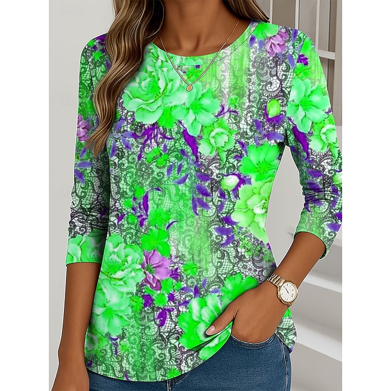 Women's T shirt Crew Neck Long Sleeve Tunic Floral Graphic Plants Vintage Stylish Classic  Round Neck Regular Tops Daily Print Yellow Red Fuchsia Green Fall3