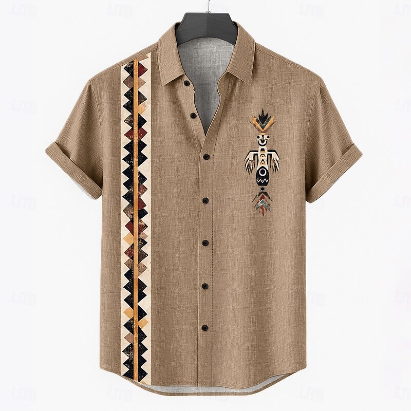 Men's Linen Shirt Summer Shirt Beach Wear Button Up Shirt Geometric Vacation Casual Red Green Khaki Short Sleeve Turndown Summer Spring Clothing Apparel