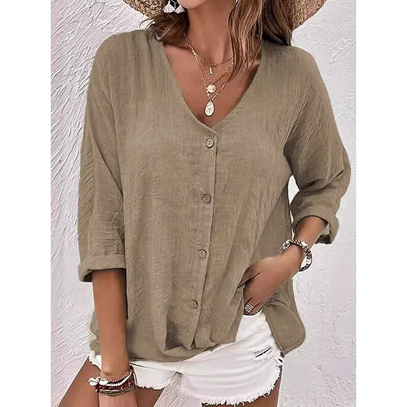Women's Shirt Button Down Blouse Blouse Solid Color Plain Bohemia Daily Stylish 3/4 Length Sleeve V Neck Regular Tops Daily Holiday Going out Buttons Sage Green Blue Khaki Rose Pink Summer Spring3