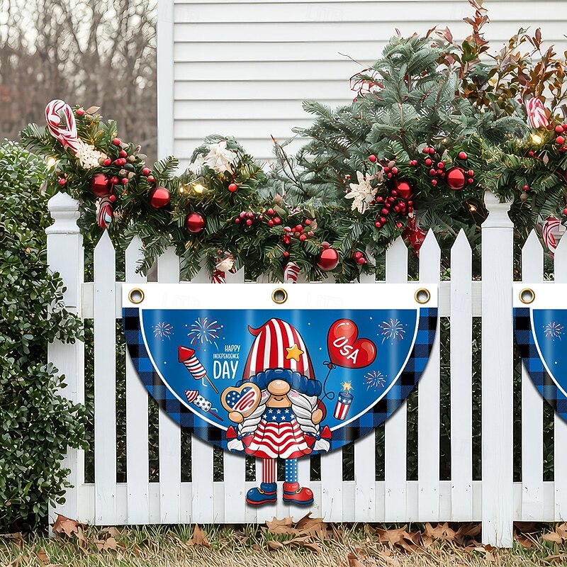 4th of July American Pleated Fan Flag,USA Patriotic Flag Independence Day Gnomes with Leg Half Fan Banner Decoration Indoor/Outdoor3