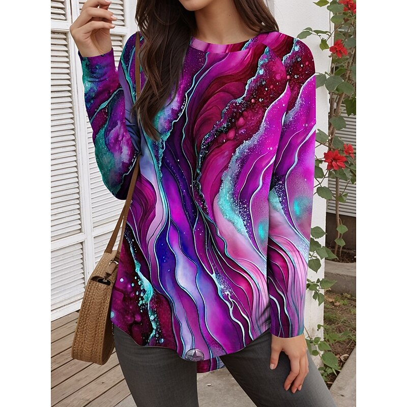 Women's T Shirt Graphic Geometric Abstract Vintage Casual Long Sleeve Crew Neck Long Tops Daily Weekend Print Red Blue Purple Green Summer Spring Fall3