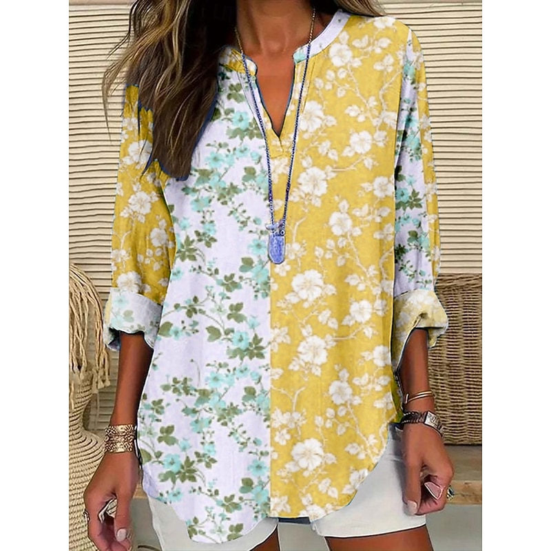 Women's Blouse Floral Stylish Modern Long Sleeve V Neck Regular Tops Daily Holiday Print Yellow Pink Blue Green Summer3