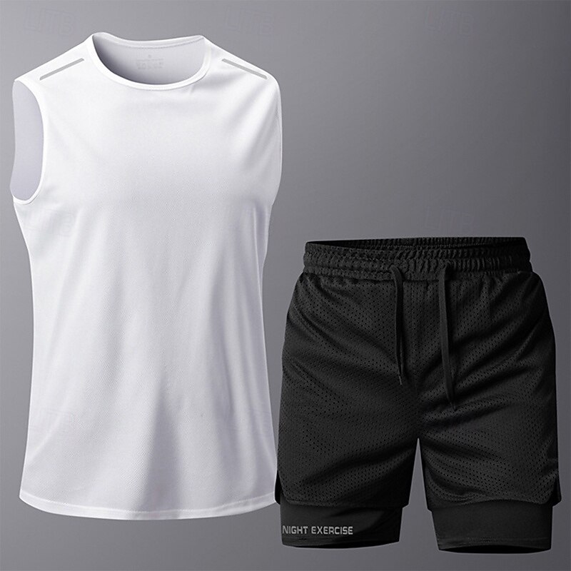 Men's Activewear Set Sports Set Elastic Waistband Solid Colored Clothing Suit Summer White Army Green Gym Workout Sports Soft Quick-drying Sleeveless Sport Activewear Micro-elastic Regular Fit3