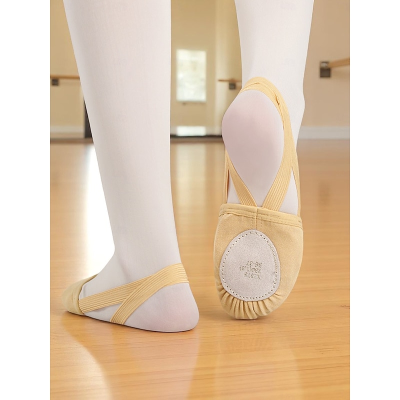 Women's Beige Canvas Ballet Shoes - Professional Dance Slippers with Elastic Straps for Ballet Training and Studio Performance4