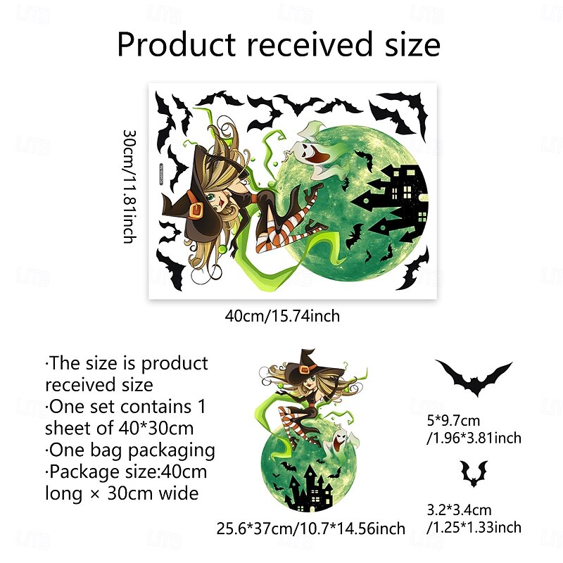 Halloween Decal Stickers Glow in The Dark Decoration, Luminous Pumpkin, Witch, Ghost, Haunted House, Moon, and Bat Wall Decals, Self-Adhesive Halloween Bedroom Decor2