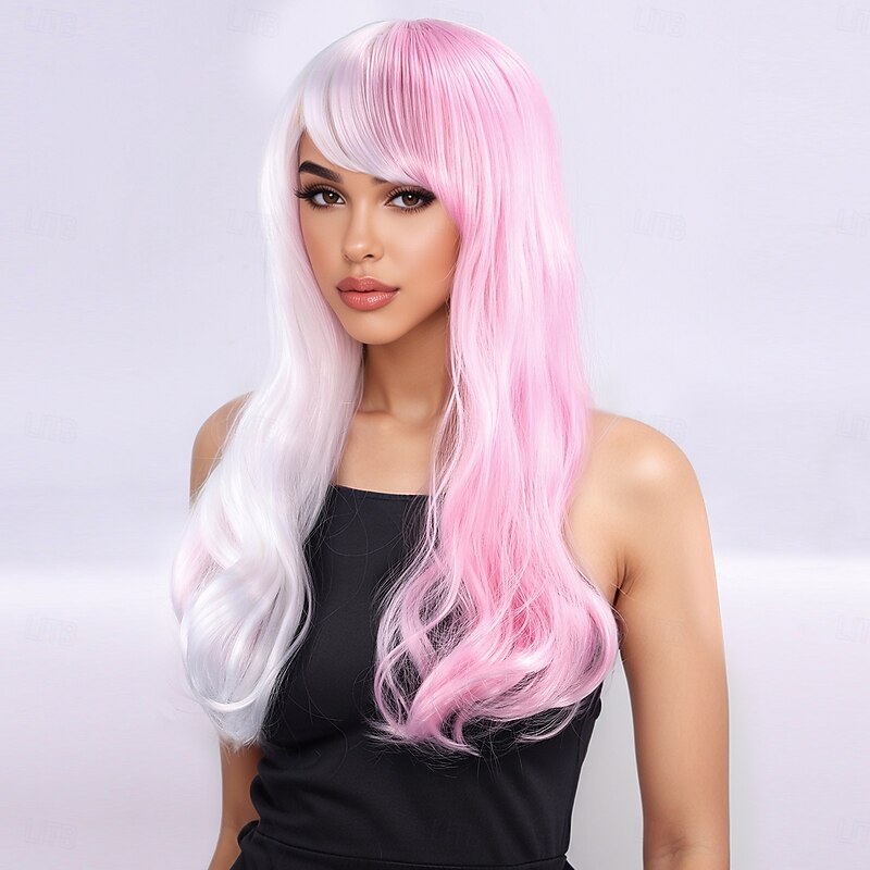 Synthetic Wig Wavy Bouncy Curl Layered Haircut With Bangs Machine Made Wig 20 inch A1 Synthetic Hair Women's Classic Adorable Comfortable Pink4