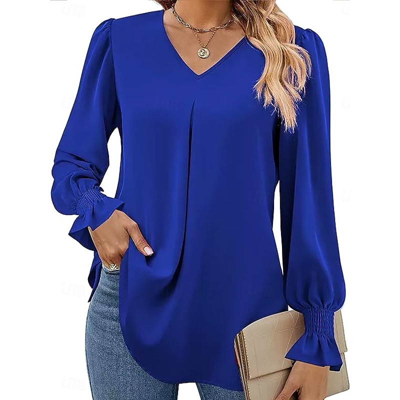 Women's Shirt Solid Color Plain Elegant Stylish Basic Long Sleeve V Neck Notched Neck Regular Tops Work Daily Holiday Ruffle Pink Red Royal Blue Orange Khaki Spring Fall Winter2