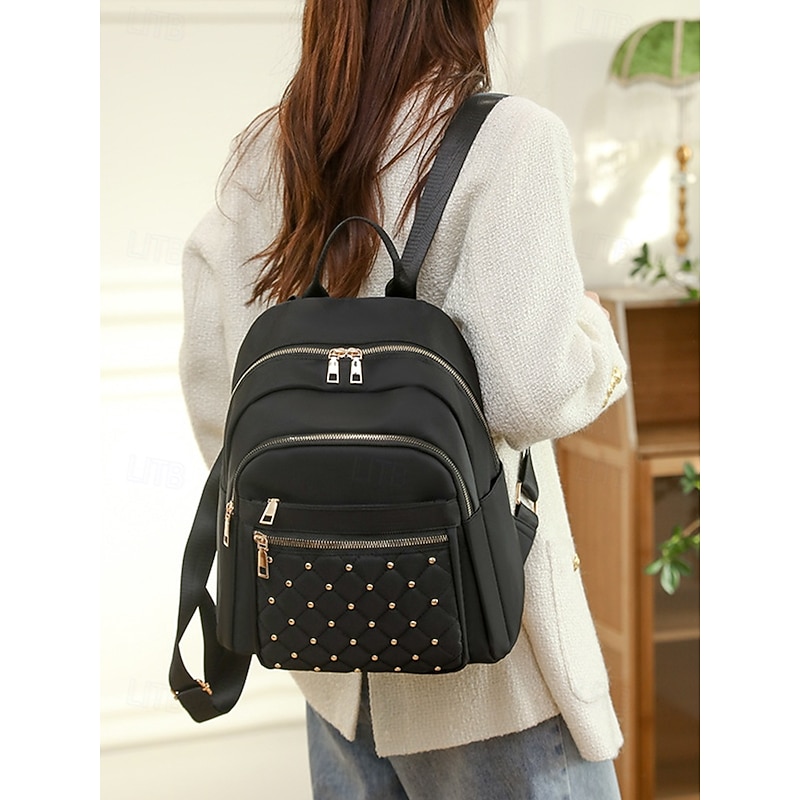 Women's Water-Repellent Nylon Backpack with Gold Zippers, Quilted Studded Design, Lightweight Fashion Daypack for College, Work and Travel2