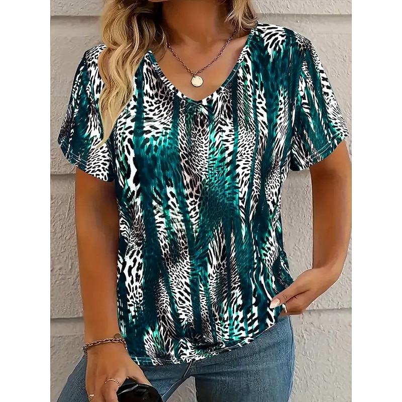 Women's T Shirt Graphic Leopard Striped Vintage Stylish Western Short Sleeve V Neck Regular Tops Daily Going out Weekend Print Dark Green Summer Spring Fall