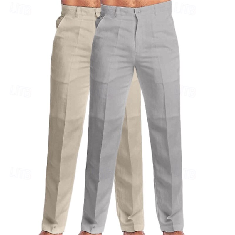 Men's Dress Pants Linen Pants Trousers Summer Pants Beach Pants Straight Leg Plain Comfort Full Length Outdoor Casual Daily Streetwear Stylish White+Dark Gray White+Navy Blue3