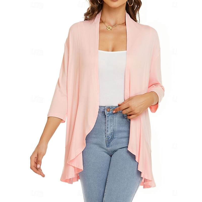 Women's Casual Jacket Breathable Comfortable Ruffle Casual Plain Vacation Street Casual Daily Wear Open Front Regular Collarless Regular Fit Long Sleeve Outerwear White Pink Navy Blue Summer Spring2