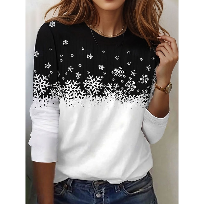 Women's T shirt Crew Neck Long Sleeve Tunic Modern Casual Snowflake Regular Tops  Print Regular Fit Daily Weekend White Fall Winter - Main Image