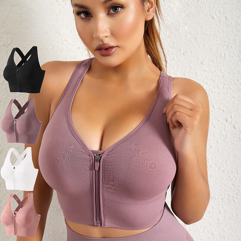 Women's Yoga Bra Pilates Bra Sports Bra Bra Top Push Up Seamless Anti-vibration Zipper Wireless Solid / Plain Color Sport Activewear Deep Purple Black Gym Zumba Running