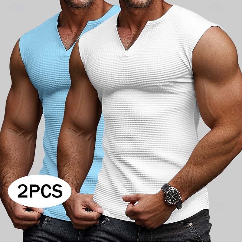 2 Piece Men's Waffle Tank Top Tank Top Vest Undershirt Sleeveless V Neck Summer Plain Fashion Sporty Classic  Basic Street Casual Sports White Blue Top Tee for Men