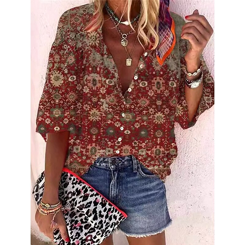 Women's Summer Tops Floral Graphic Paisley Vintage Daily Stylish 3/4 Length Sleeve V Neck Regular Tops Daily Print Maroon Sky Blue Dusty Blue Rose Pink Light Blue Summer Spring Fall3
