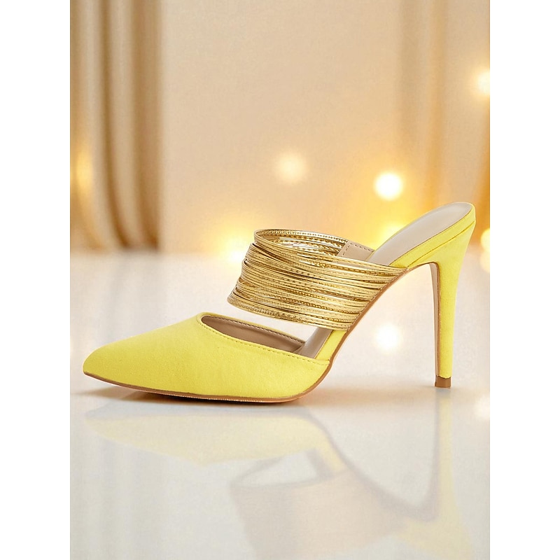 Women's Yellow Stiletto Mules with Gold Coil Straps - Pointed Toe High Heels for Nightlife Parties and Evening Events4