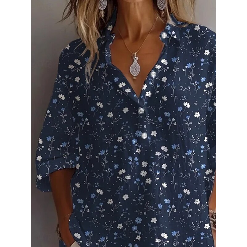 Women's Shirt Button Down Tunic Shirt Collar Long Sleeve Floral Graphic Vintage Tropical Daily Regular Tops Work Daily Holiday s Print Navy Blue Spring Fall2