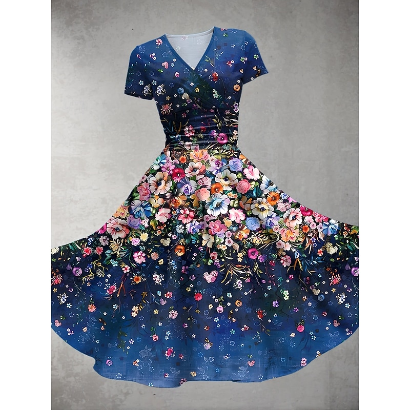 Women's Midi Dress Summer Dress Fit And Flare Dress Party Casual Daily Holiday Regular Fit Floral Graphic Short Sleeve V Neck Red Blue Green Dark Blue Summer