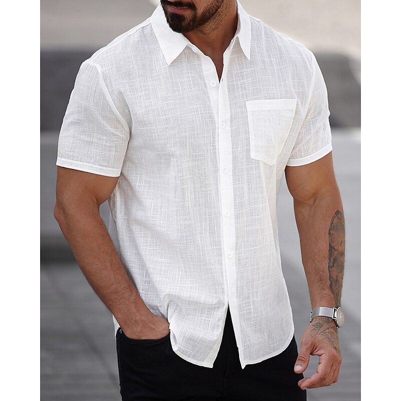Men's Shirt Linen Shirt Casual Shirt Button Up Shirt Cotton Shirt Plain Vacation Street White Short Sleeve Turndown Summer Clothing Apparel Pocket