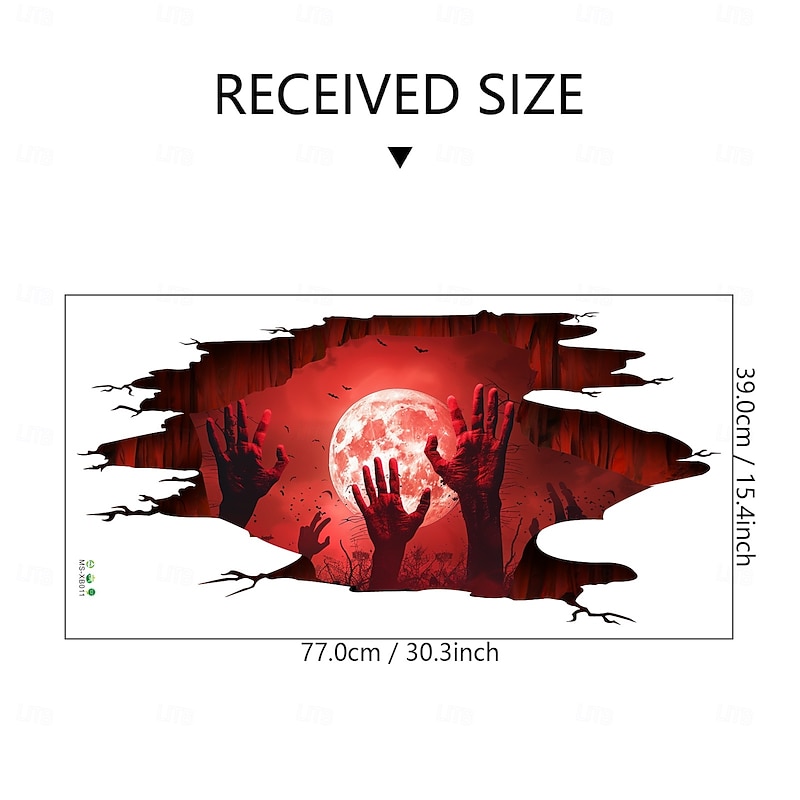 Halloween Floor & Wall Decal Sticker 3D Scary Red Moon and Hand Breakthrough Design, Self-Adhesive Floor and Wall Decor for Bedroom and Living Room2