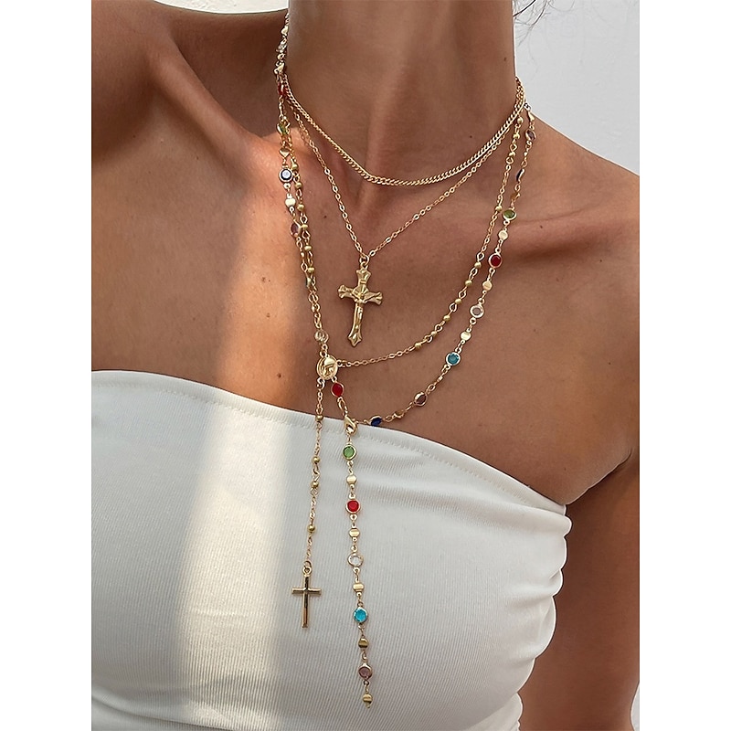 Women's multi-layered gold and silver cross pendant necklace set with multi-colored beads - Fashionable religious jewelry for daily wear, Casual outings and special occasions2
