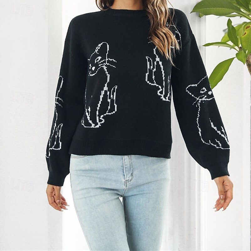Women's Pullover Casual Animal Chunky Crew Neck Knitted Long Sleeve Regular Tops Knit Daily Holiday Going out Black White Fall Winter3