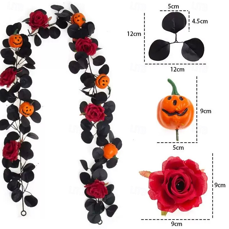 Halloween Black Artificial Rose Vine Garland, Faux Rose and Leaf Garland for Harvest Festival Home Decor, Spooky Floral Halloween Decoration2
