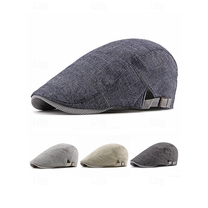 Men's Adjustable Linen Flat Cap, Lightweight Breathable Newsboy Hat with Stripe Detail, Vintage Ivy Cap Style for Casual Outings and Daily Wear2