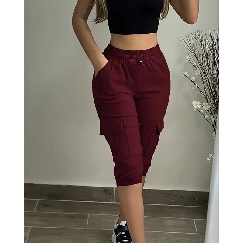 Women's Cargo Shorts Capri Pants Fashion Streetwear Calf-Length Natural Solid Colored Pocket Elastic Waist Comfortable Micro-elastic Sports & Outdoor Daily Wear Wine Black Pink Army Green Summer4